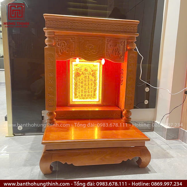 Bàn Thần Tài Phúc Lộc Thọ cột vuông câu đối HT-1039 5 Bàn thờ Thần Tài Phúc Lộc Thọ gỗ Sồi, cột đục câu đối