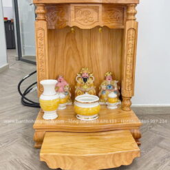 Bàn Thần Tài Phúc Lộc Thọ cột vuông câu đối HT-1039 3 Bàn thờ Thần Tài kiểu dáng hiện đại, gỗ gõ cao cấp mái bằng có thể đặt tượng Di Lặc