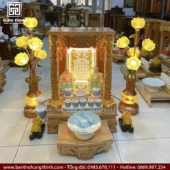 Bàn thờ Thần Tài Ông Địa đẹp kết hợp bộ đồ thờ men sứ xanh cao cấp Hưng Thịnh HT-1037