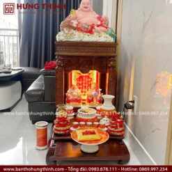 Bàn Thần Tài Phúc Lộc Thọ cột vuông câu đối HT-1039 4 Bàn thờ Thần Tài Thổ Địa Phúc Lộc Thọ màu nâu, cột đục câu đối đẹp