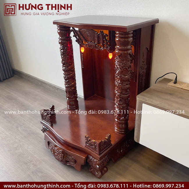 Bàn thờ Thần Tài Thổ Địa gỗ Gõ HT-1037 6 Bàn Thần Tài cột rồng gỗ Gõ, kích thước chuẩn lỗ ban phong thủy mẫu HT-1037