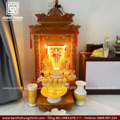 Bàn thờ Ông Địa Thần Tài mái chùa mẫu HT-362 4 Bàn thờ Ông Địa Thần Tài gỗ tự nhiên, hoàn thiện tỉ mỉ sắc nét HT-362