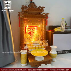 Bàn thờ Ông Địa Thần Tài mái chùa mẫu HT-362 3 Bàn thờ Thần Tài Ông Địa đẹp gỗ Gõ màu sáng HT-362
