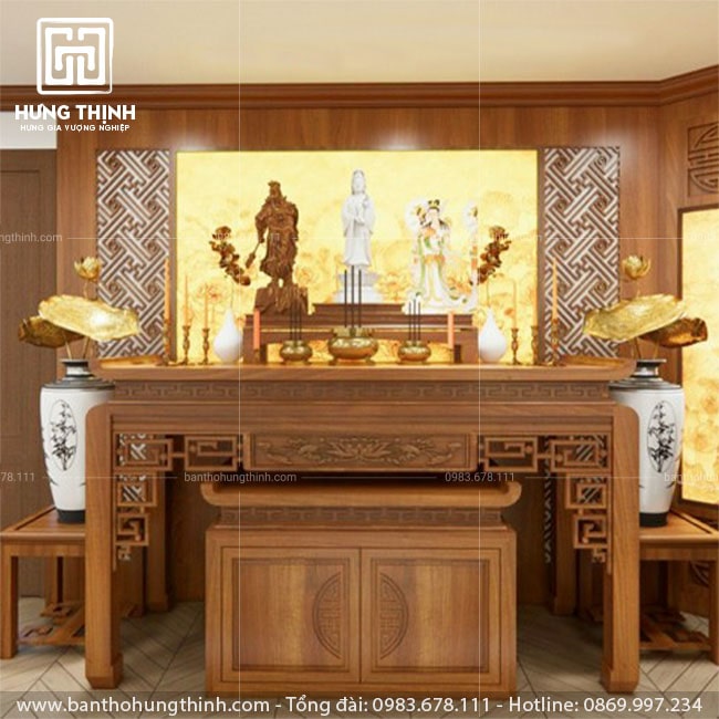 Bàn thờ Phật gỗ hương thiết kế hiện đại, trang nghiêm.