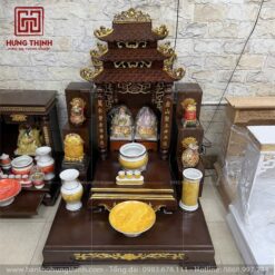 Bàn thờ Ông Địa HT-1029 mẫu 3 mái chùa cổ kính, trang nghiêm, sơn son thiếp vàng
