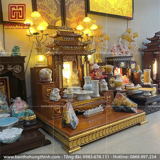 Combo bàn thờ Thần Tài Ông Địa gỗ Hương mẫu HT-1026 6 Bàn thờ Ông Địa Thần Tài mái chùa đẹp gỗ hương HT-1026