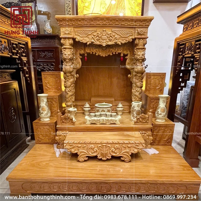 Bàn thờ Thần Tài Ông Địa gỗ Gõ cột rồng HT-1021 8 Bàn thờ Thần Tài kết hợp tam cấp, bục đế mẫu HT-1021