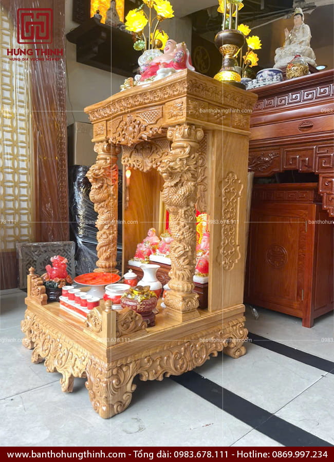 Bàn thờ Thần Tài Ông Địa gỗ Gõ cột rồng HT-1021 7 Bàn thờ Ông Địa Thần Tài chạm khắc hoa văn thủ công tỉ mỉ, sắc nét HT-1021