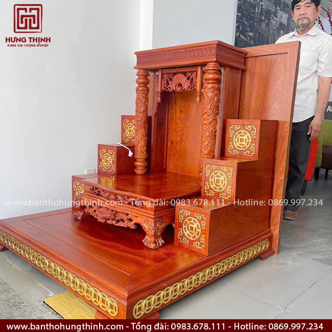 Bộ bàn thờ Thần Tài kết hợp tam cấp, bục đế gỗ Hương HT-1018 8 Bàn thờ Ông Địa Thần Tài kết hợp vách hậu HT-1018