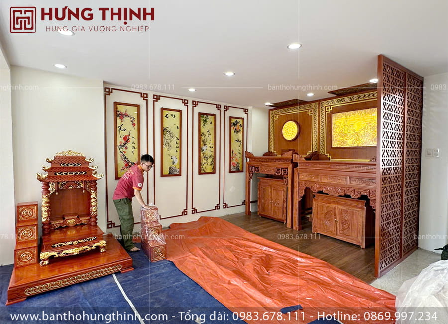 Bàn thờ Phật và Gia Tiên đẹp gỗ Hương HT-3209 5 Phòng thờ Phật và Gia Tiên đẹp được Hưng Thịnh hoàn thiện cho khác hàng tại Q7, TP HCM